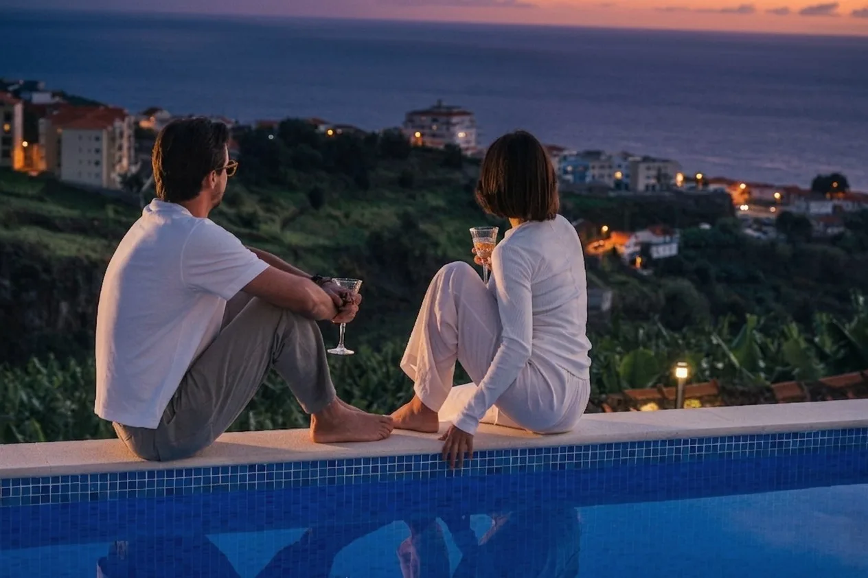 Guests with drinks by the pool of a villa in Madeira at dusk